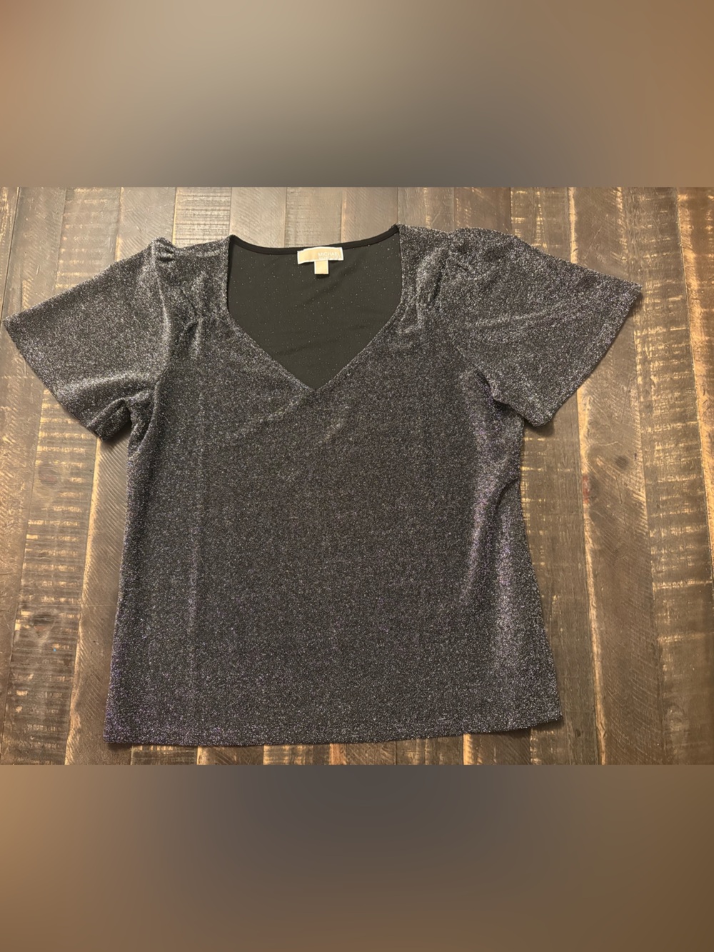 Michael Kors Black V-Neck Blouse Silver Shimmer  Short Sleeve Flowy Lightweight